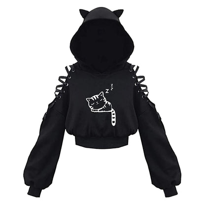 Kawaii Cat Ear Gothic Hoodie – Harajuku Cold Shoulder Bandage Sweatshirt