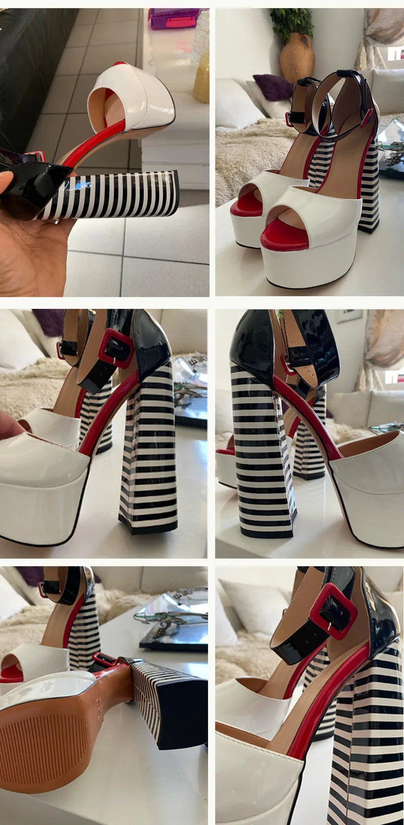 Black & White Stripe Chunky Platform Heels – Peep Toe Ankle Strap Sandals