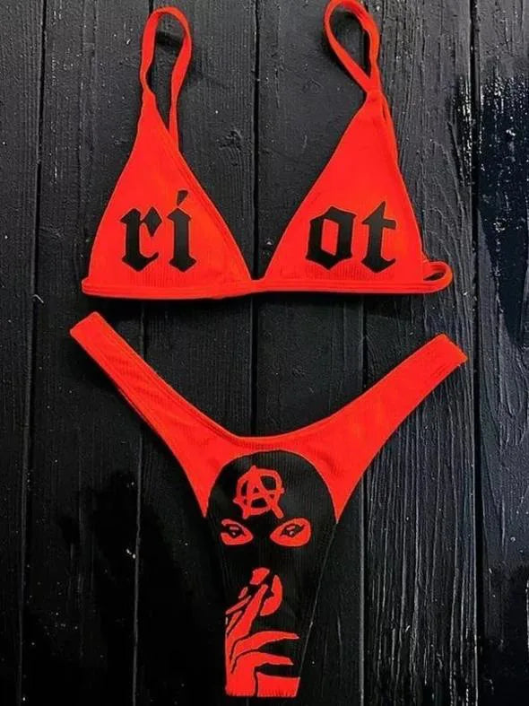 Punk Gothic Skull Print Bikini Set – V-Neck High Waist Swimwear