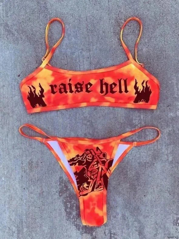 Punk Gothic Skull Print Bikini Set – V-Neck High Waist Swimwear