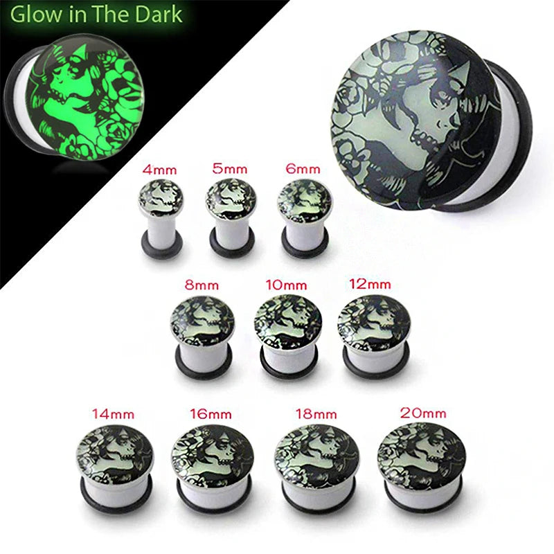 Glow-in-the-Dark Skull Ear Tunnels – Luminous Acrylic Gauges (2pcs)