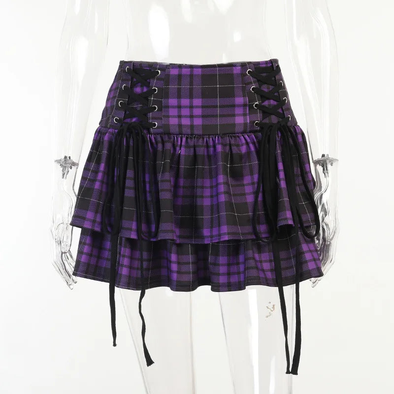 Black Checkered Pleated Gothic Mini Skirt – Punk Plaid Lace-Up Clubwear