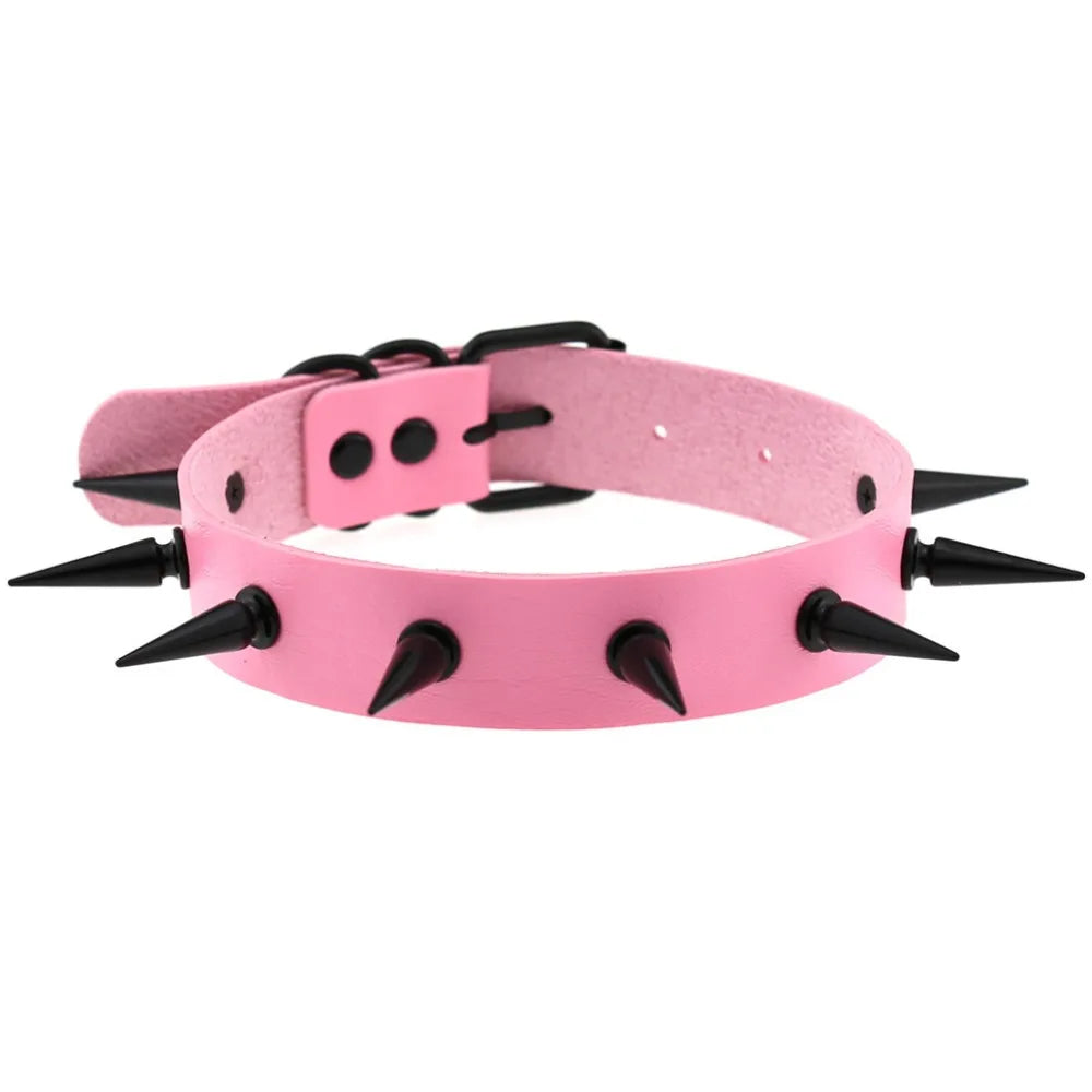 Goth Pink Leather Choker – Punk Spiked Rivet Collar Necklace