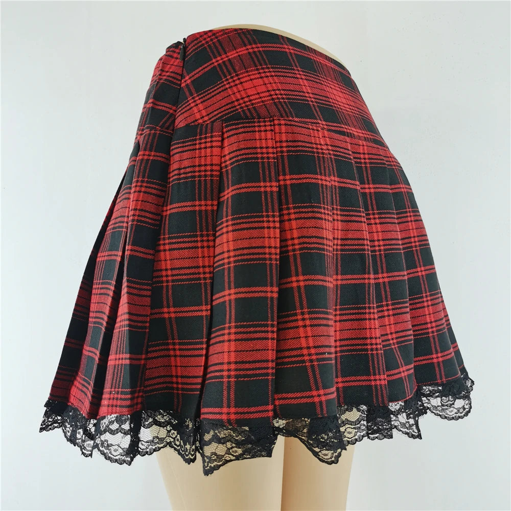 Gothic Plaid Lace Mini Skirt – Y2K Punk Harajuku Skater Style