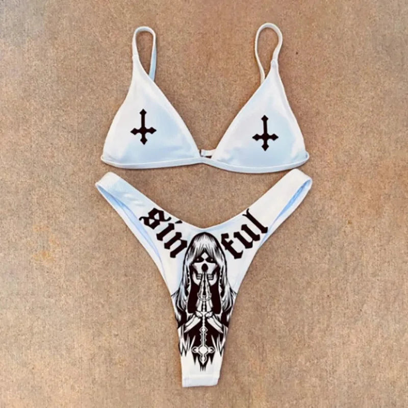 Punk Gothic Skull Print Bikini Set – V-Neck High Waist Swimwear
