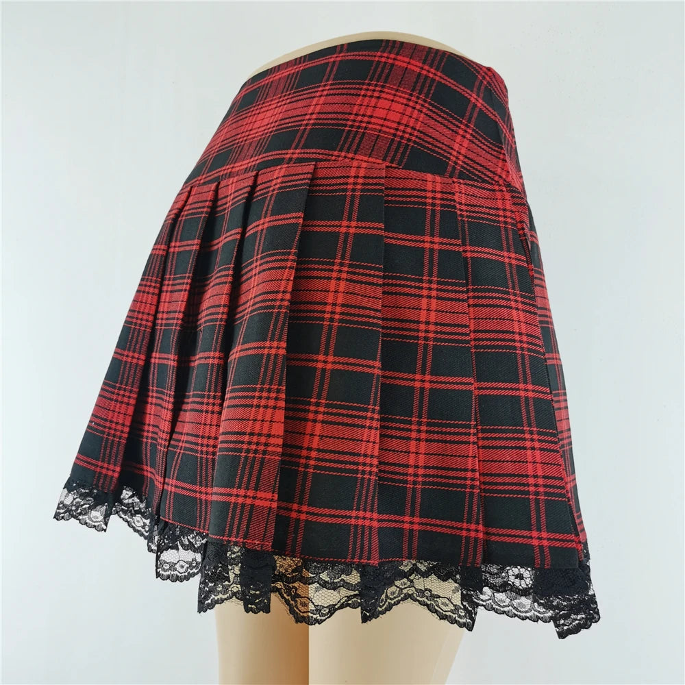 Gothic Plaid Lace Mini Skirt – Y2K Punk Harajuku Skater Style
