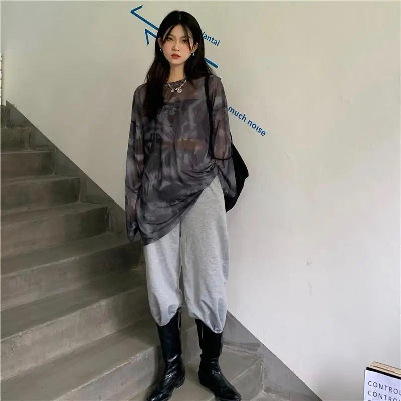 Women’s Tie-Dye Long Sleeve T-Shirt – Loose Minimalist Harajuku Top