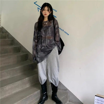 Women’s Tie-Dye Long Sleeve T-Shirt – Loose Minimalist Harajuku Top
