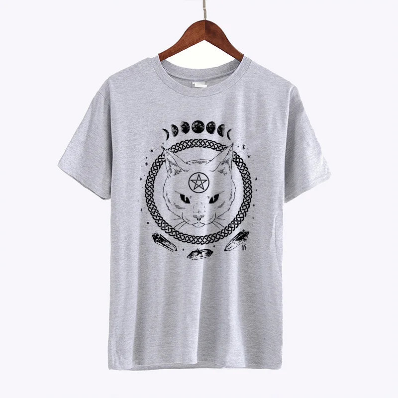Gothic Moon Phase Cat T-Shirt – Witchcraft Space Cat Graphic Tee