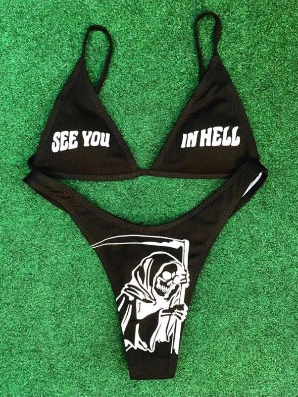 Punk Gothic Skull Print Bikini Set – V-Neck High Waist Swimwear