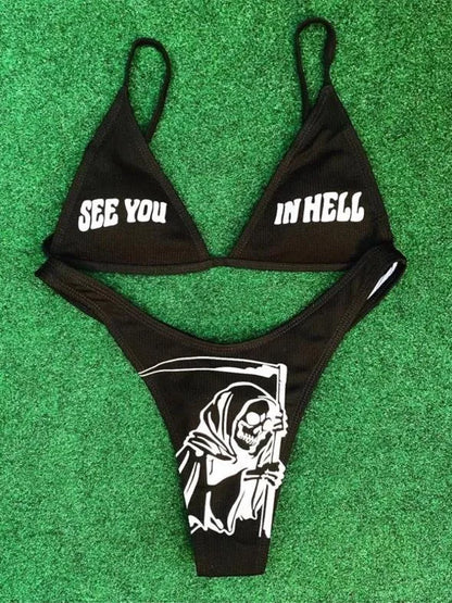 Punk Gothic Skull Print Bikini Set – V-Neck High Waist Swimwear