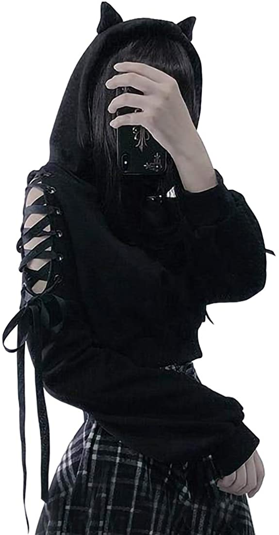 Kawaii Cat Ear Gothic Hoodie – Harajuku Cold Shoulder Bandage Sweatshirt