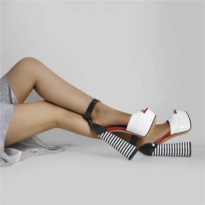 Black & White Stripe Chunky Platform Heels – Peep Toe Ankle Strap Sandals