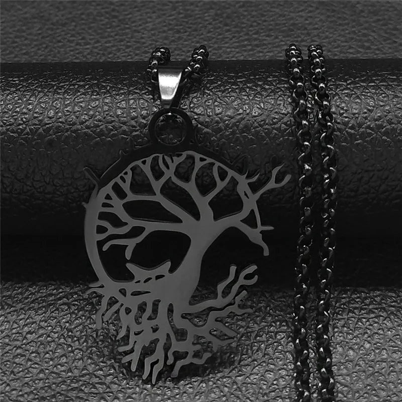 Tree of Life Stainless Steel Necklace – Black Long Pendant for Men & Women