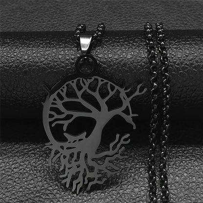 Tree of Life Stainless Steel Necklace – Black Long Pendant for Men & Women