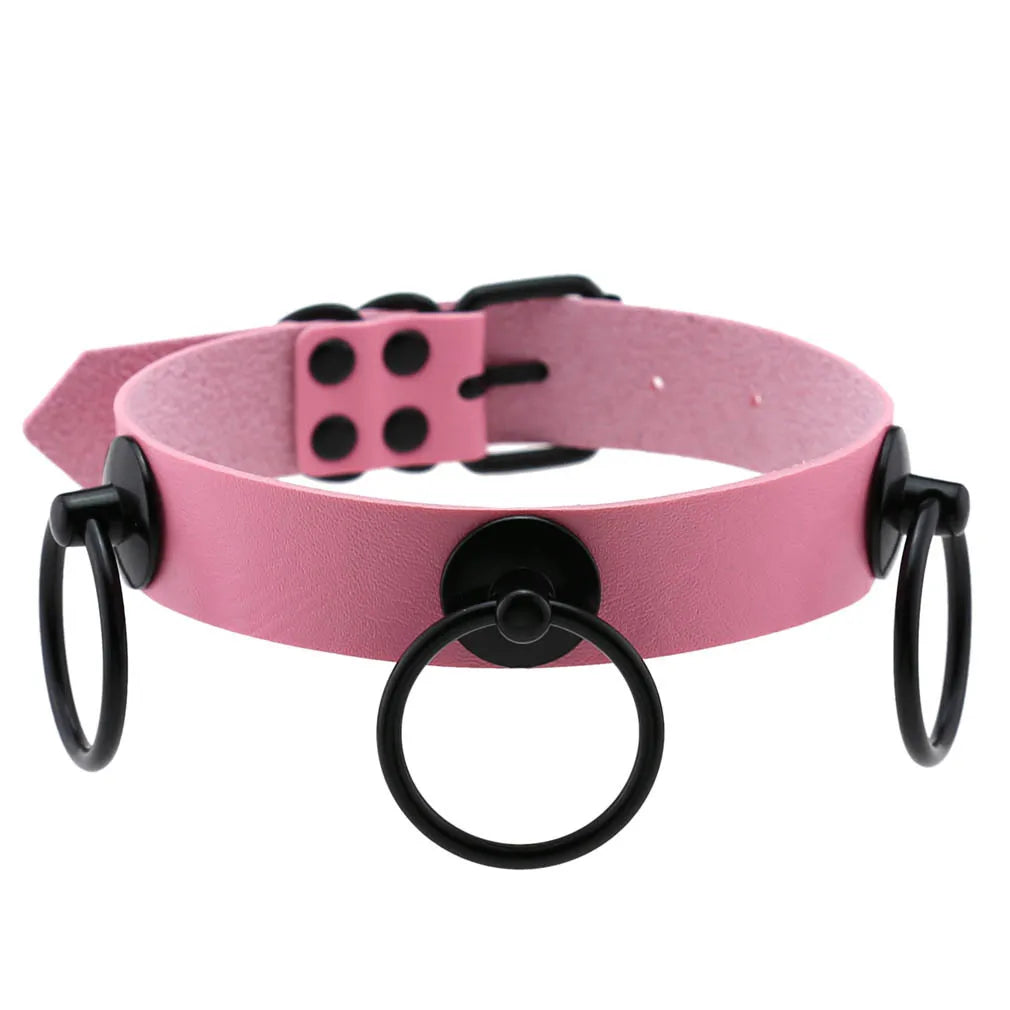 Goth Pink Leather Choker – Punk Spiked Rivet Collar Necklace
