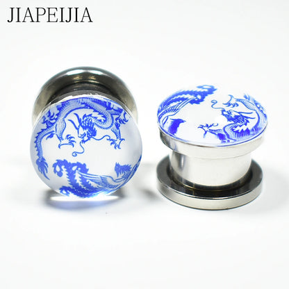 Blue & White Porcelain Ear Tunnels & Plugs – Stainless Steel Expander Jewelry