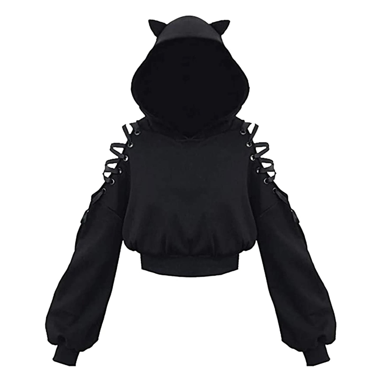 Kawaii Cat Ear Gothic Hoodie – Harajuku Cold Shoulder Bandage Sweatshirt