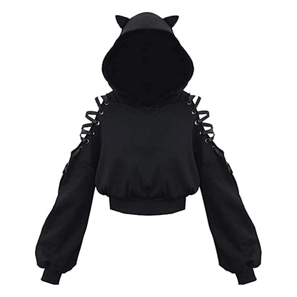 Kawaii Cat Ear Gothic Hoodie – Harajuku Cold Shoulder Bandage Sweatshirt