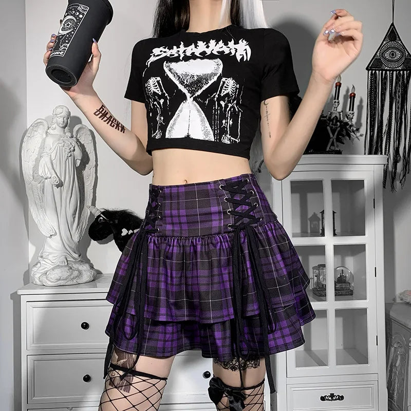 Black Checkered Pleated Gothic Mini Skirt – Punk Plaid Lace-Up Clubwear