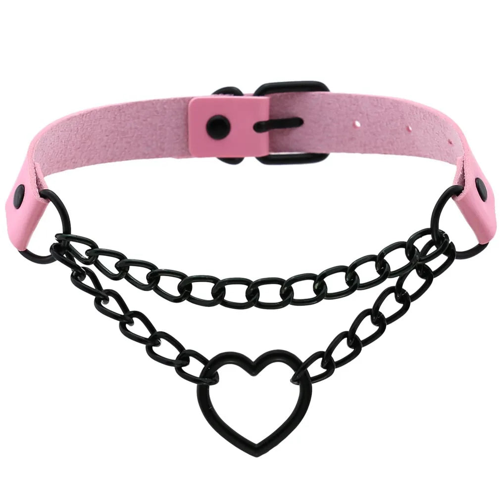 Goth Pink Leather Choker – Punk Spiked Rivet Collar Necklace