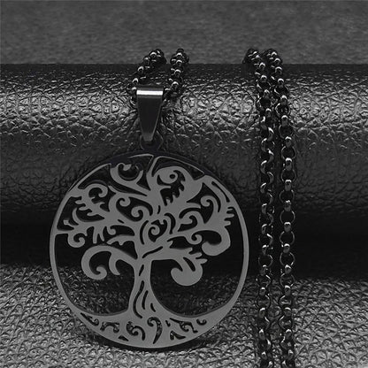 Tree of Life Stainless Steel Necklace – Black Long Pendant for Men & Women