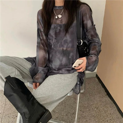 Women’s Tie-Dye Long Sleeve T-Shirt – Loose Minimalist Harajuku Top