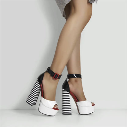Black & White Stripe Chunky Platform Heels – Peep Toe Ankle Strap Sandals