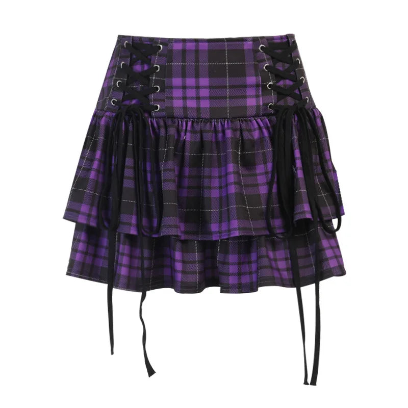 Black Checkered Pleated Gothic Mini Skirt – Punk Plaid Lace-Up Clubwear