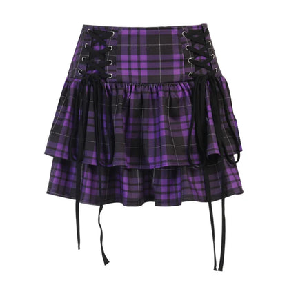 Black Checkered Pleated Gothic Mini Skirt – Punk Plaid Lace-Up Clubwear