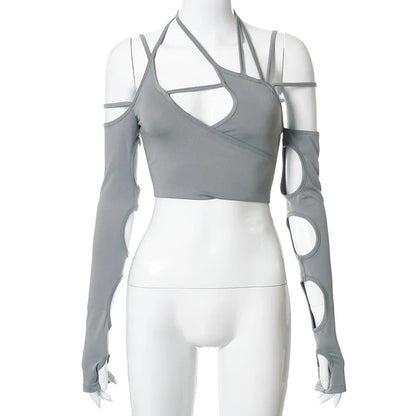 Goth Dark Cyber Y2K Halter Crop Top – Patchwork Long Sleeve Cut-Out Tee