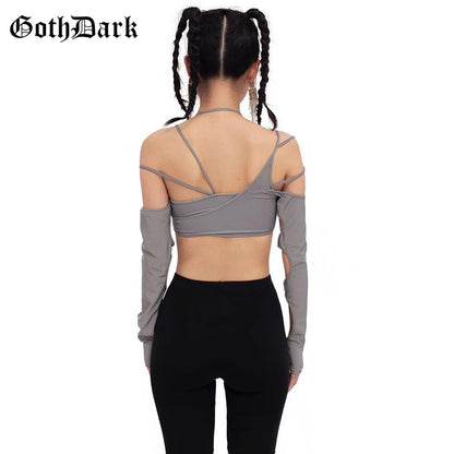 Goth Dark Cyber Y2K Halter Crop Top – Patchwork Long Sleeve Cut-Out Tee