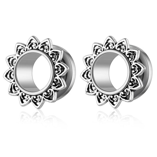 2pcs Stainless Steel Screw Ear Tunnel Plugs – Multi-Style Body Jewelry Floral