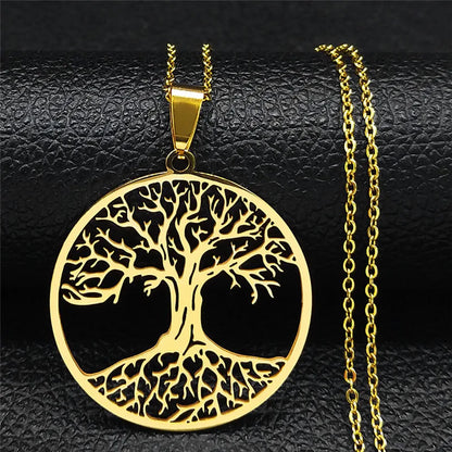 Tree of Life Stainless Steel Necklace – Black Long Pendant for Men & Women