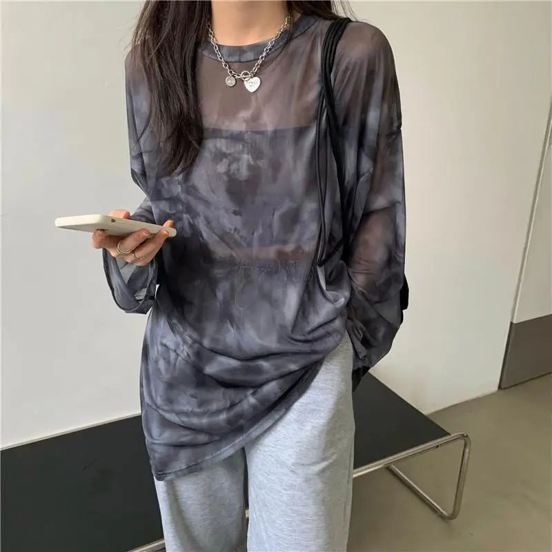 Women’s Tie-Dye Long Sleeve T-Shirt – Loose Minimalist Harajuku Top