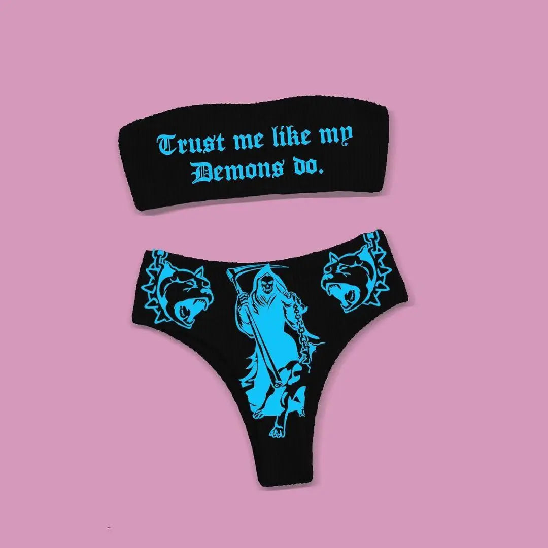 Punk Gothic Skull Print Bikini Set – V-Neck High Waist Swimwear
