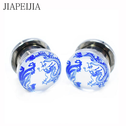 Blue & White Porcelain Ear Tunnels & Plugs – Stainless Steel Expander Jewelry