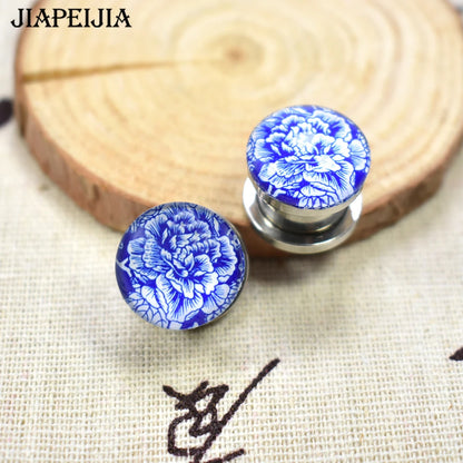 Blue & White Porcelain Ear Tunnels & Plugs – Stainless Steel Expander Jewelry