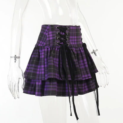 Black Checkered Pleated Gothic Mini Skirt – Punk Plaid Lace-Up Clubwear