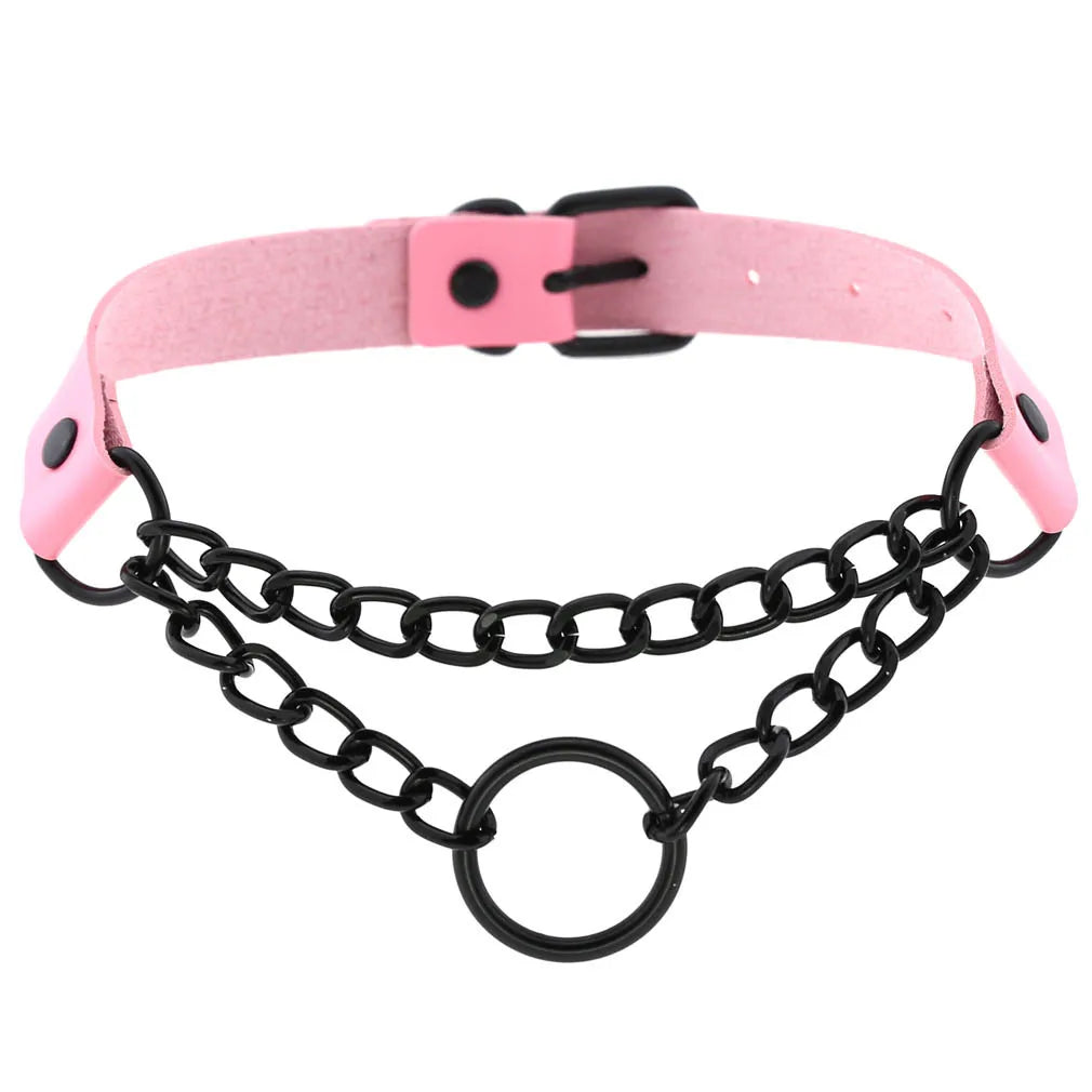 Goth Pink Leather Choker – Punk Spiked Rivet Collar Necklace