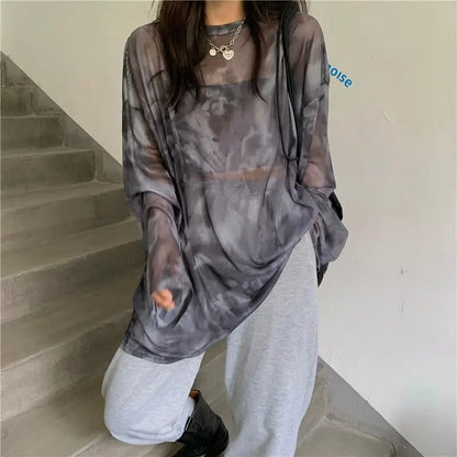 Women’s Tie-Dye Long Sleeve T-Shirt – Loose Minimalist Harajuku Top