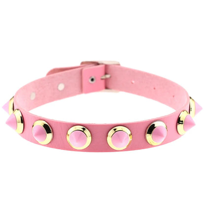 Goth Pink Leather Choker – Punk Spiked Rivet Collar Necklace