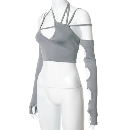 Goth Dark Cyber Y2K Halter Crop Top – Patchwork Long Sleeve Cut-Out Tee