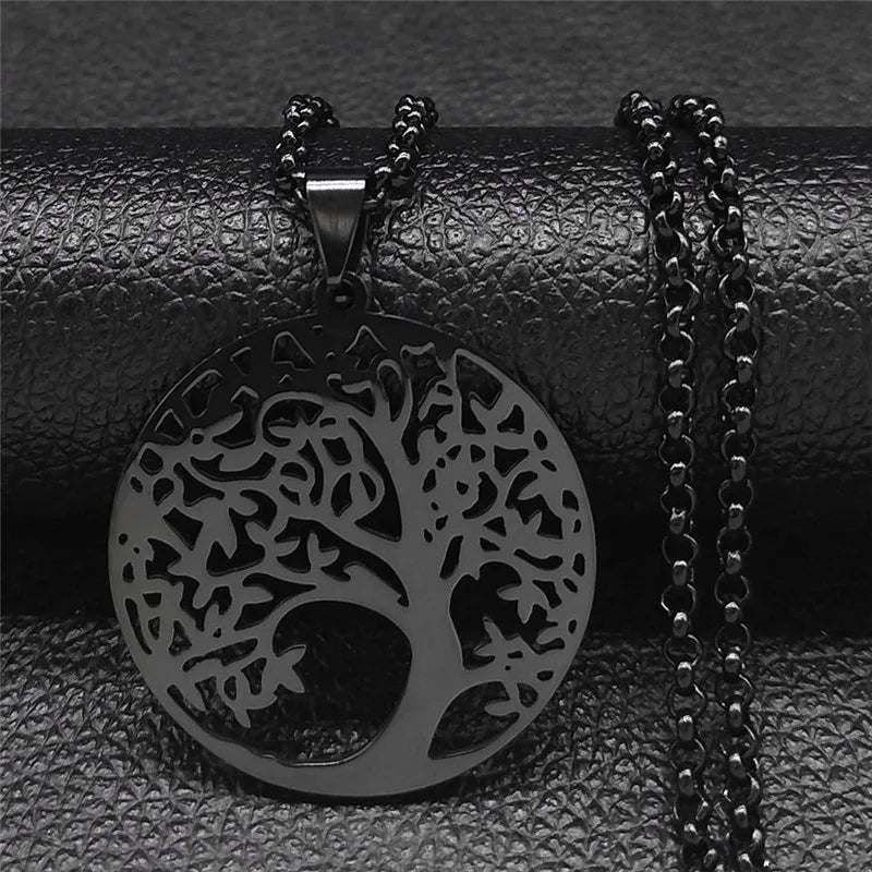 Tree of Life Stainless Steel Necklace – Black Long Pendant for Men & Women