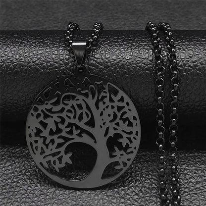 Tree of Life Stainless Steel Necklace – Black Long Pendant for Men & Women