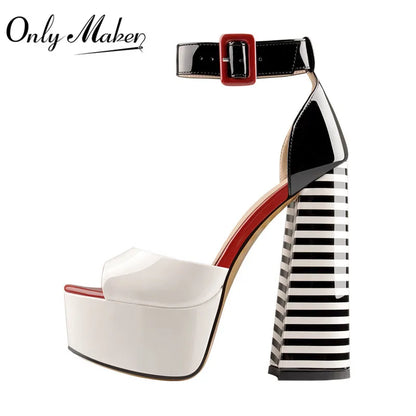 Black & White Stripe Chunky Platform Heels – Peep Toe Ankle Strap Sandals