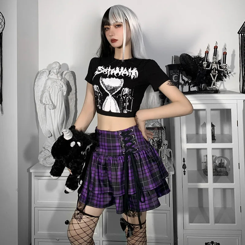 Black Checkered Pleated Gothic Mini Skirt – Punk Plaid Lace-Up Clubwear