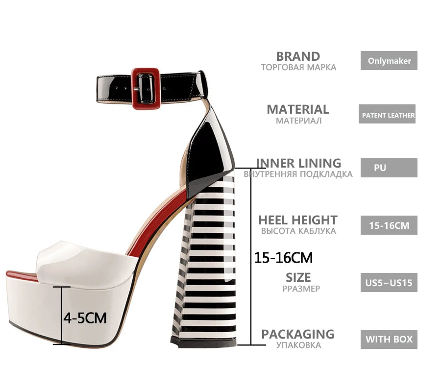 Black & White Stripe Chunky Platform Heels – Peep Toe Ankle Strap Sandals