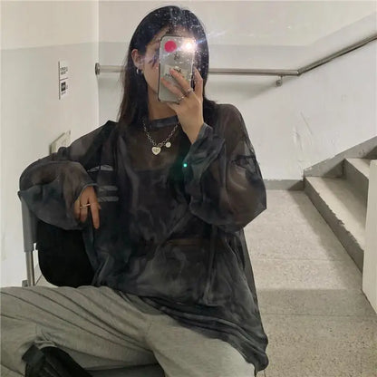 Women’s Tie-Dye Long Sleeve T-Shirt – Loose Minimalist Harajuku Top