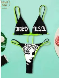 Punk Gothic Skull Print Bikini Set – V-Neck High Waist Swimwear